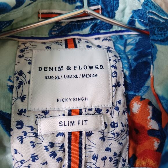 Denim & Flower Short-Sleeve Button-Up Shirt Blue Tropical Summer Slim Fit XL - Picture 6 of 6